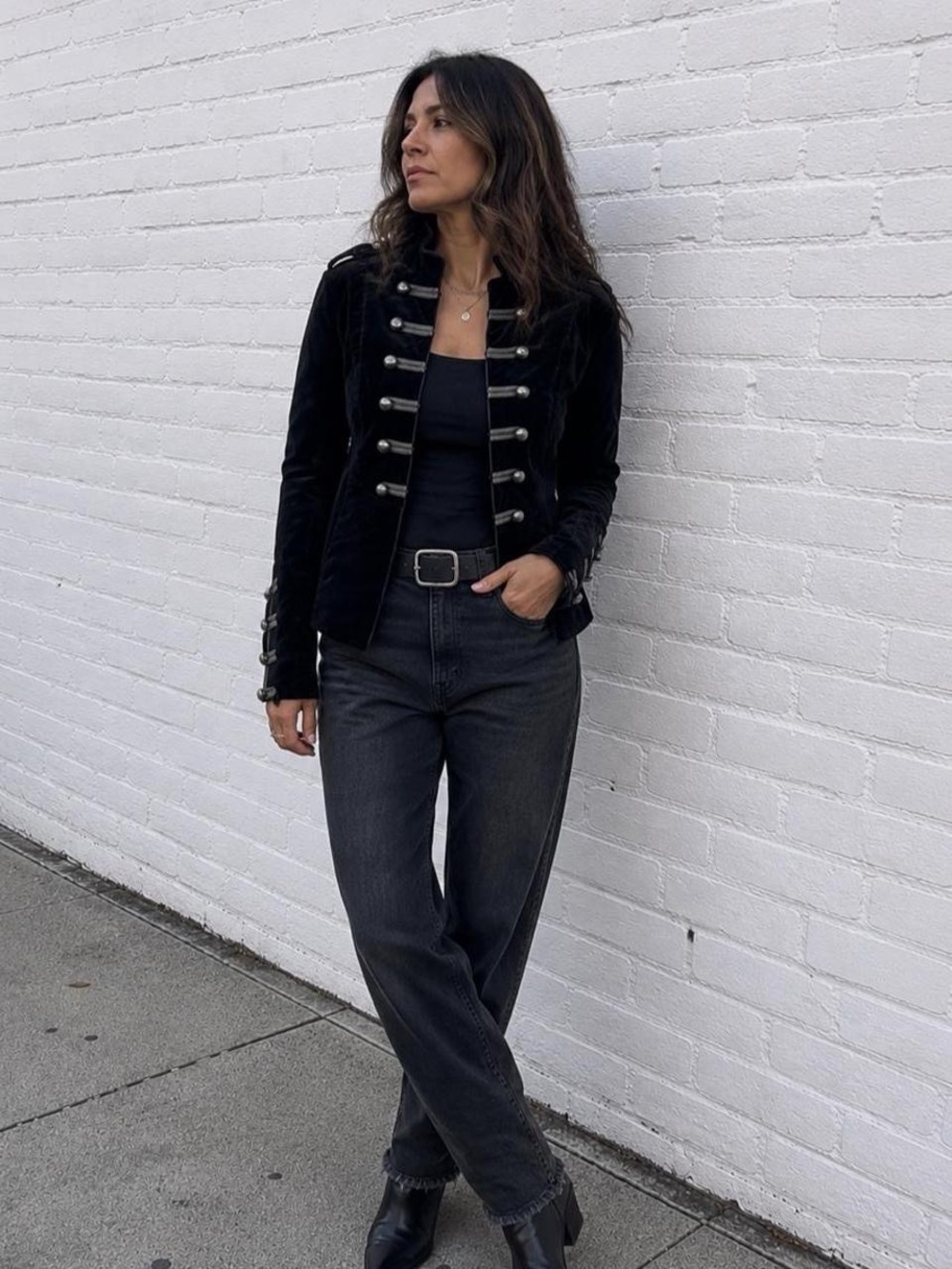 BCNI Black Military-Style Velvet Jacket with Silver Buttons